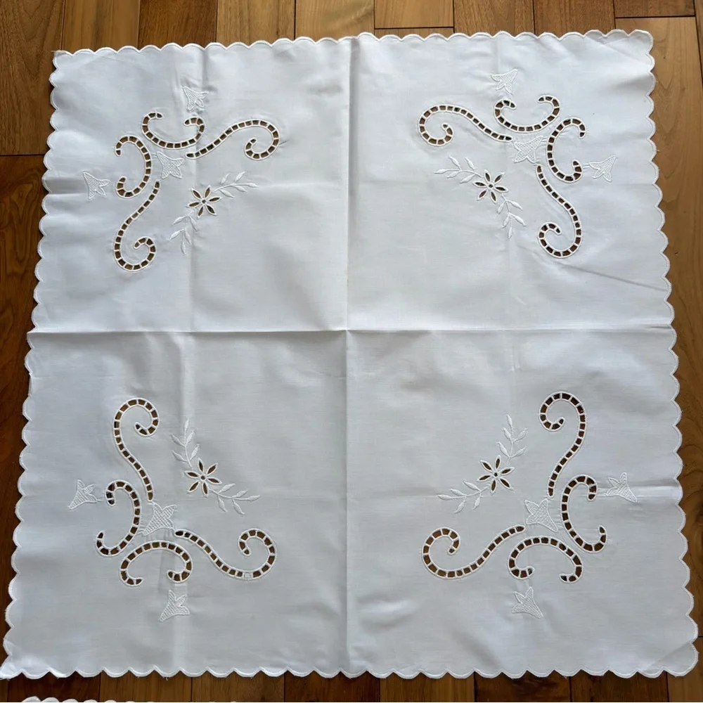 Vintage Hand-Embroidered Cutwork Tablecloth + 2 Napkins – White on White